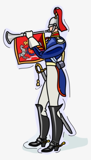 A cartoon-style Napoleonic-era French soldier in blue and white uniform blowing a trumpet while holding a red banner with a lion emblem.