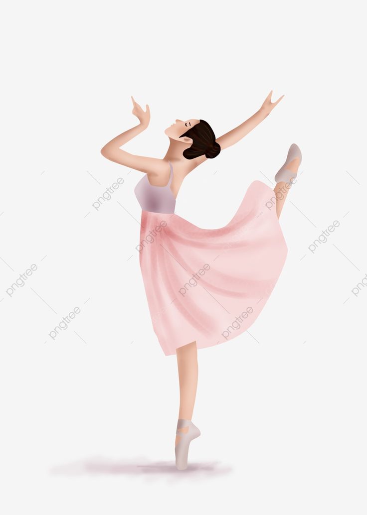 Graceful ballerina in pink dress performing an arabesque on pointe with arms raised and eyes closed.