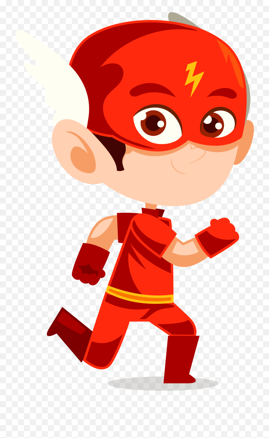 Chibi-style superhero boy in red suit with lightning bolt mask, running with white wing on head.