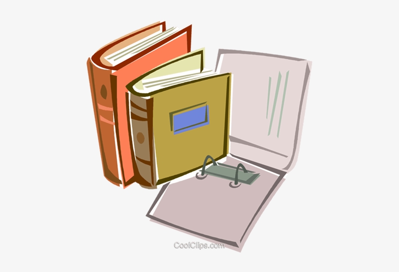 Stack of colorful books and an open binder with document pages, symbolizing study, research, or organization.
