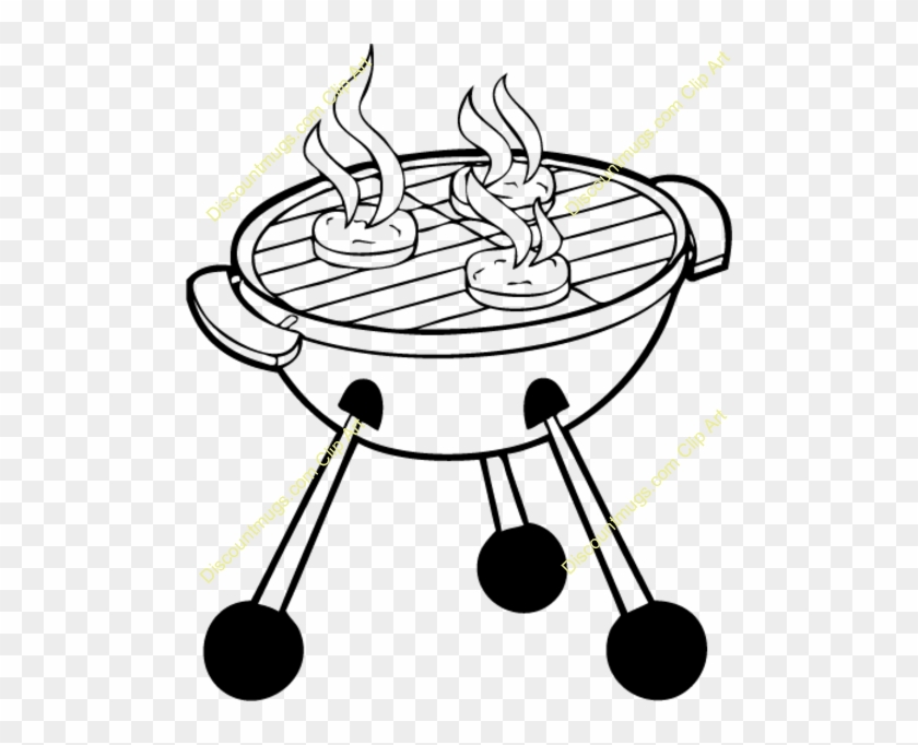 Black-and-white line drawing of a charcoal grill with three steaming patties on the grate and three legs with wheels.