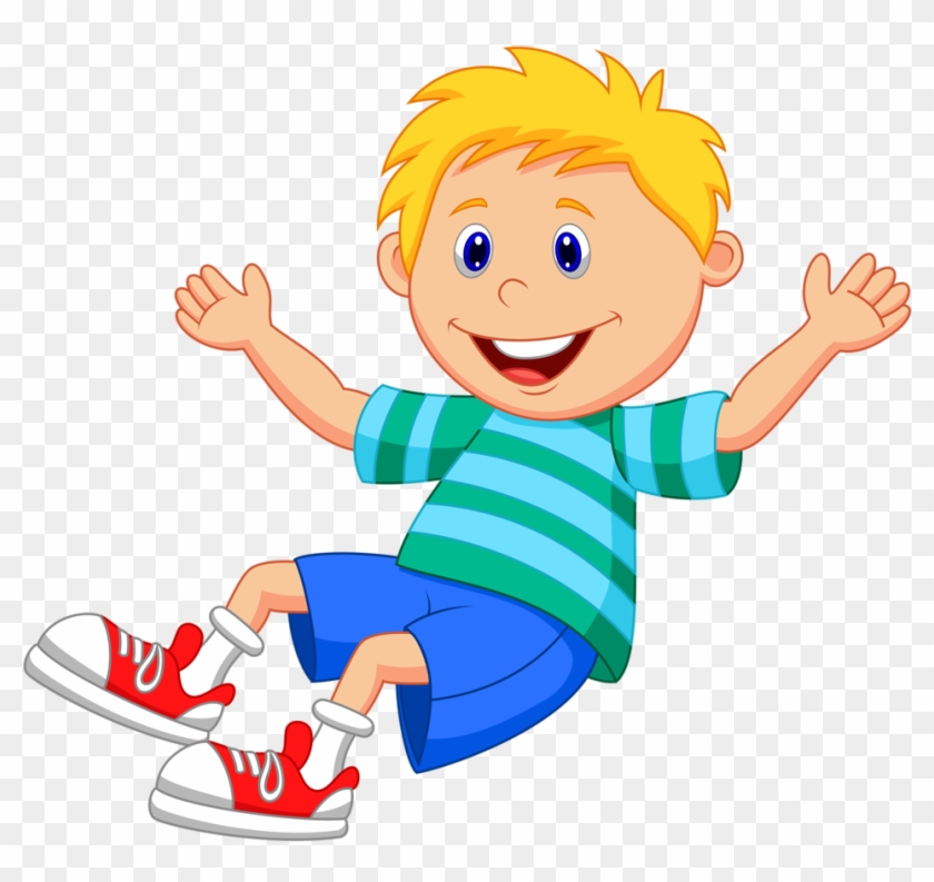 Happy cartoon boy with blonde hair, striped shirt, and red sneakers jumping joyfully with arms raised.