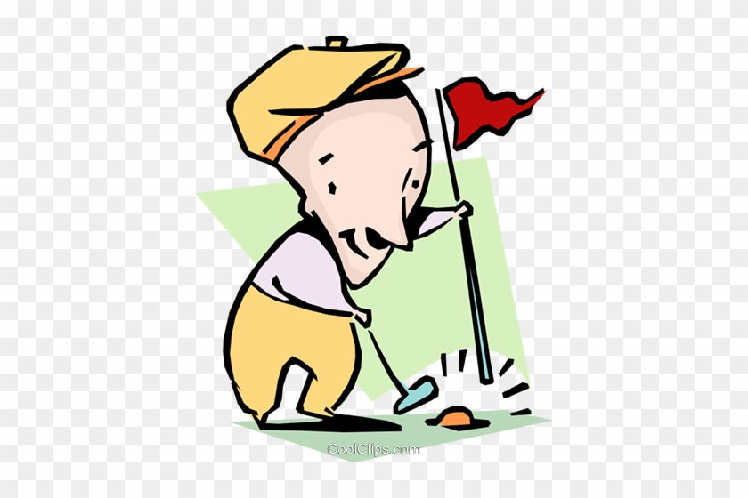 Cartoon golfer in yellow outfit putting a golf ball near a red flag on the green.