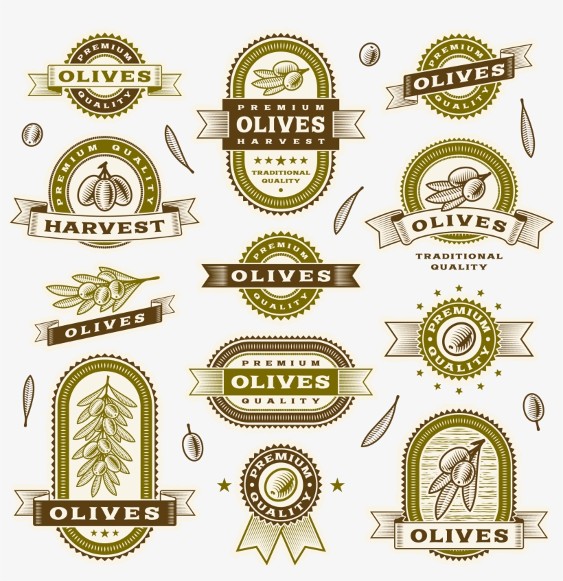 Collection of vintage-style olive product labels and badges in green and brown tones with ribbons, olives, and ornate frames.