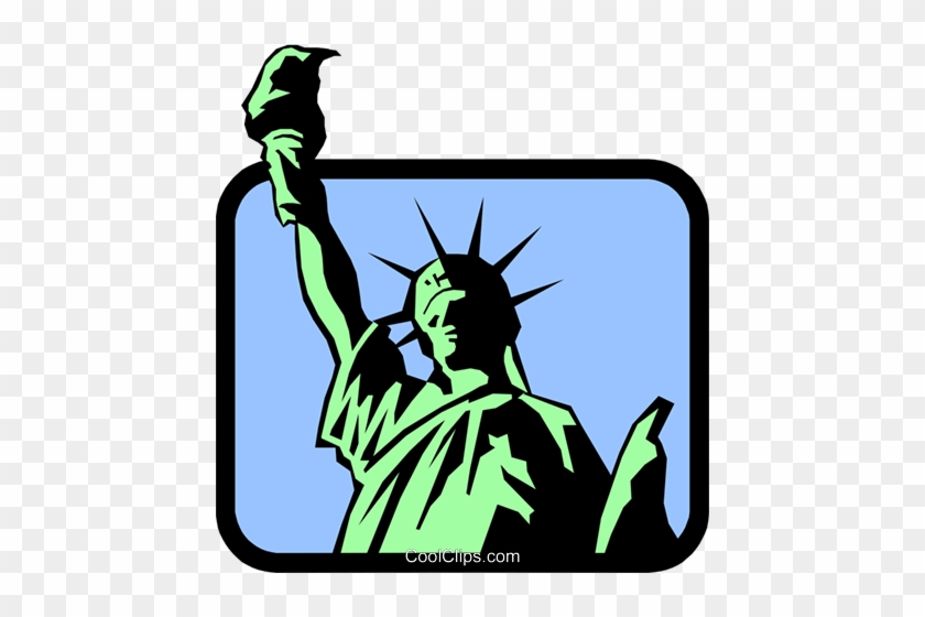 Stylized green Statue of Liberty holding torch against blue sky in black frame.