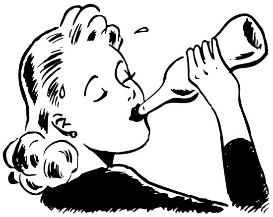 Vintage-style illustration of a woman drinking from a bottle with eyes closed and joyful expression.
