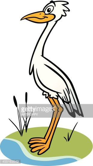 Cartoon white heron standing in shallow water with reeds, stylized illustration.
