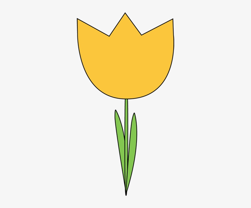 Simple yellow tulip with green stem and leaves, outlined in black on white background.