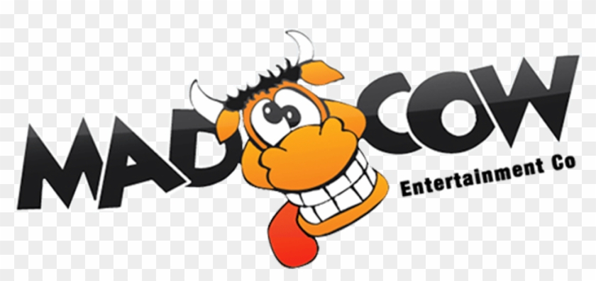 Mad Cow Entertainment Co logo featuring a cartoon orange cow with horns, wide eyes, and a big grin, integrated with bold black text.