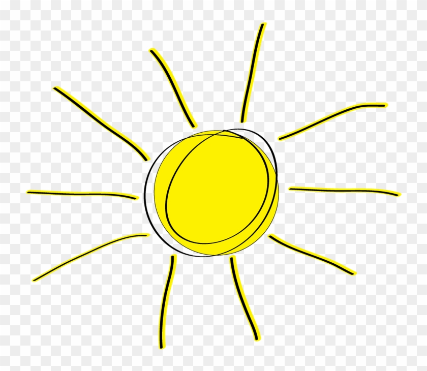 Hand-drawn yellow sun with black outline and radiating rays on transparent background.