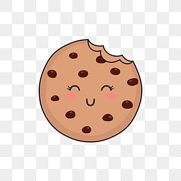 Cute cartoon chocolate chip cookie with smiling face and bite mark on transparent background.