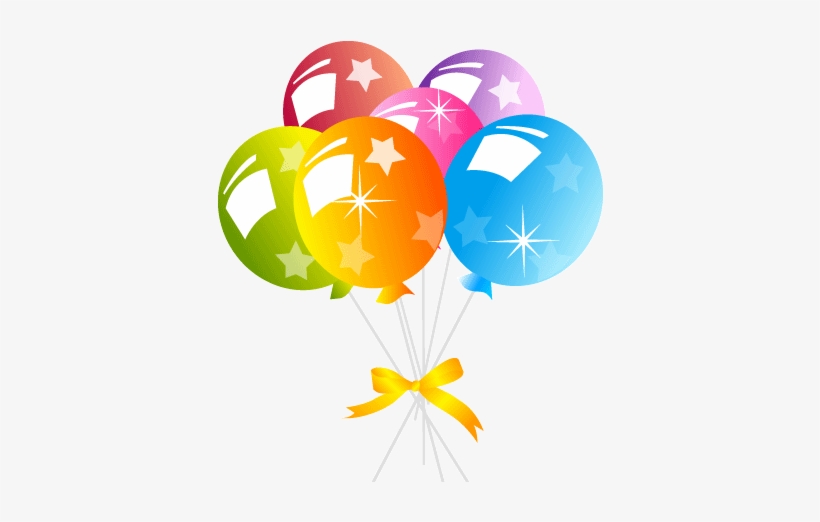 Colorful festive balloons with stars and sparkles tied with a yellow ribbon.