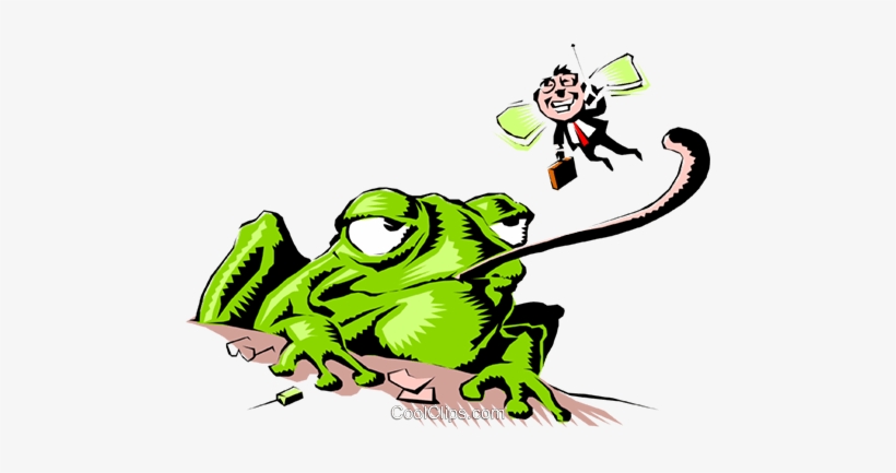 A green frog with a long tongue catches a smiling businessman in a suit mid-air, cartoon-style illustration.