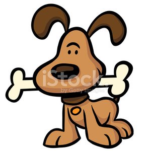Cartoon brown dog holding a white bone in its mouth, smiling with floppy ears.