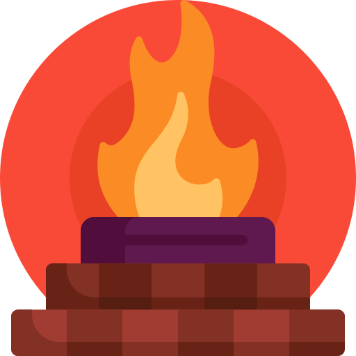 Stylized illustration of a warm, glowing flame rising from a brick hearth against a red circular backdrop.