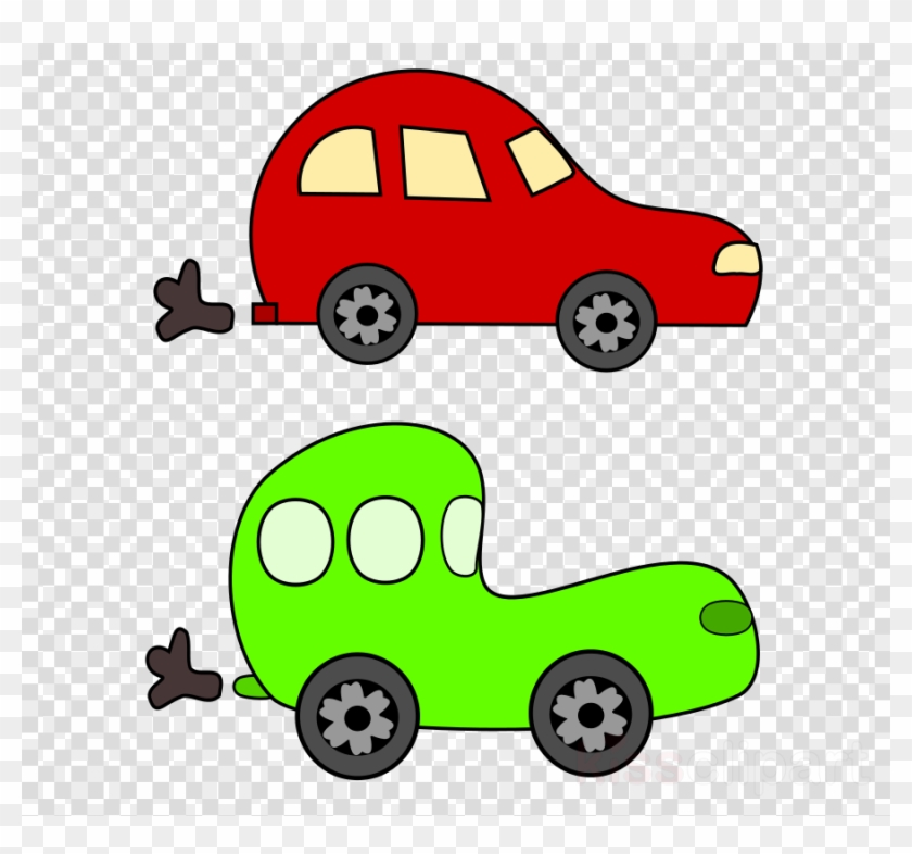 Two cartoon cars-one red with three windows, one green with three round windows-both emitting exhaust, on transparent background.