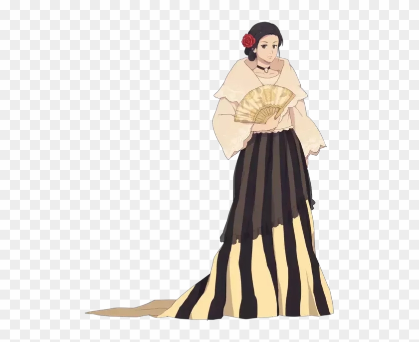 Anime-style woman in traditional Filipino Maria Clara gown with fan and red rose hair accessory.