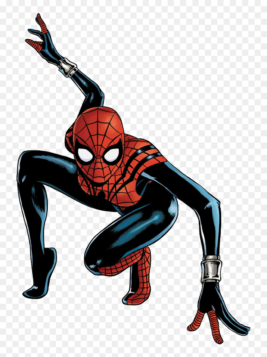 Spider-Man in a dynamic crouching pose, wearing a red-and-black suit with web-patterned mask and silver wristbands.