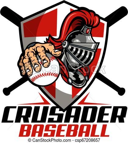 Crusader Baseball logo featuring a knight’s helmet, crossed bats, and a hand gripping a baseball over a red-and-white shield.