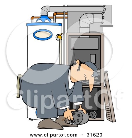 A cartoon technician repairs a furnace while kneeling beside a water heater and HVAC unit.