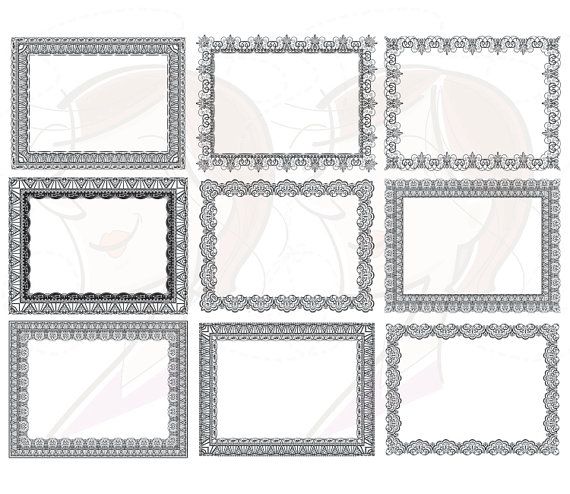 Collection of nine vintage-style ornate decorative frames in grayscale, ideal for certificates, diplomas, or digital scrapbooking.