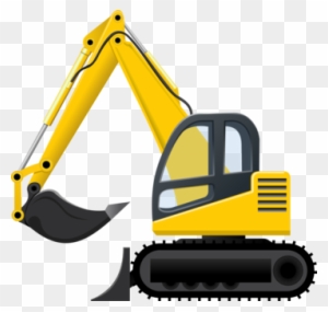 Yellow tracked excavator with articulated arm and bucket, cartoon-style illustration on transparent background.