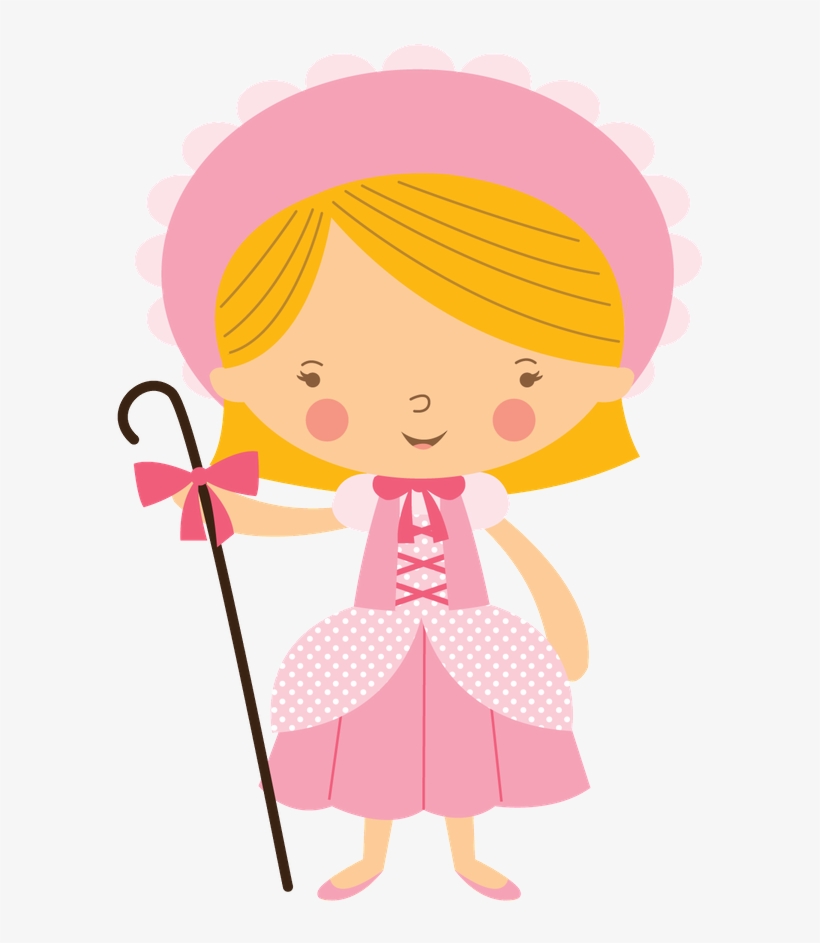 Cute cartoon girl in pink dress and bonnet holding a shepherd’s crook with bow.