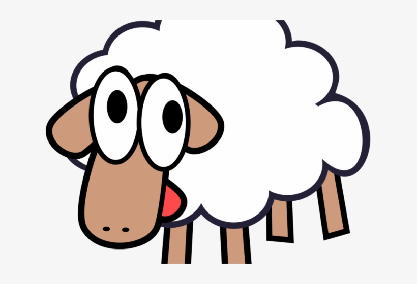 Cartoon sheep with large eyes, fluffy white wool, brown face and legs, and a pink tongue sticking out.