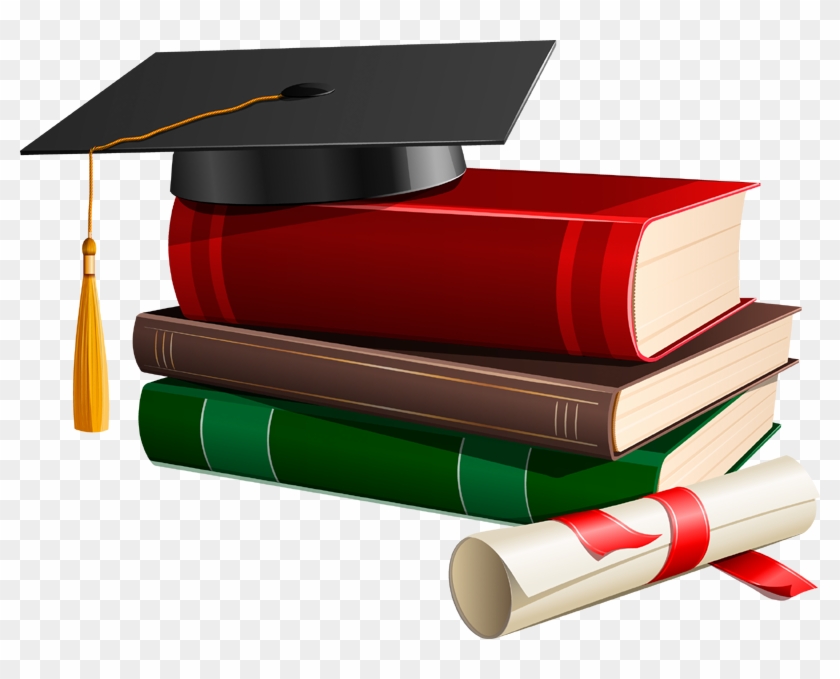 Graduation cap resting on stacked books with a rolled diploma tied in red ribbon.