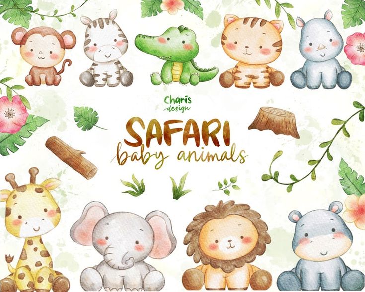 Adorable Baby Safari Animals Watercolor Clipart - Charis Design
