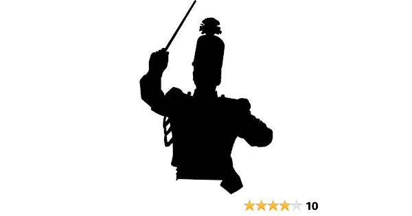 Silhouette of a military band conductor in ceremonial uniform holding a baton aloft.