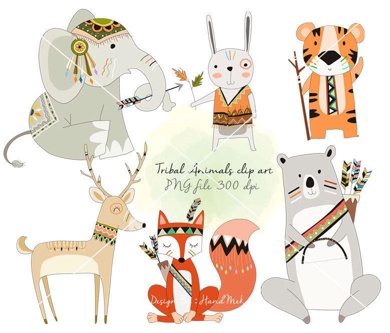 Tribal-style animal clip art set featuring elephant, rabbit, tiger, deer, fox, and bear with ethnic patterns and accessories.