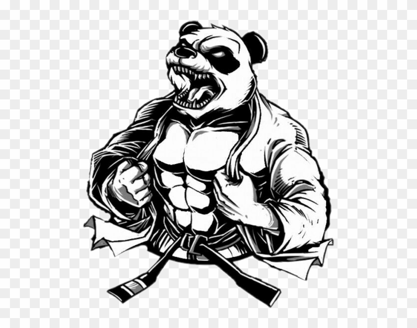 Muscular panda in martial arts gi roaring fiercely with torn jacket and black belt.