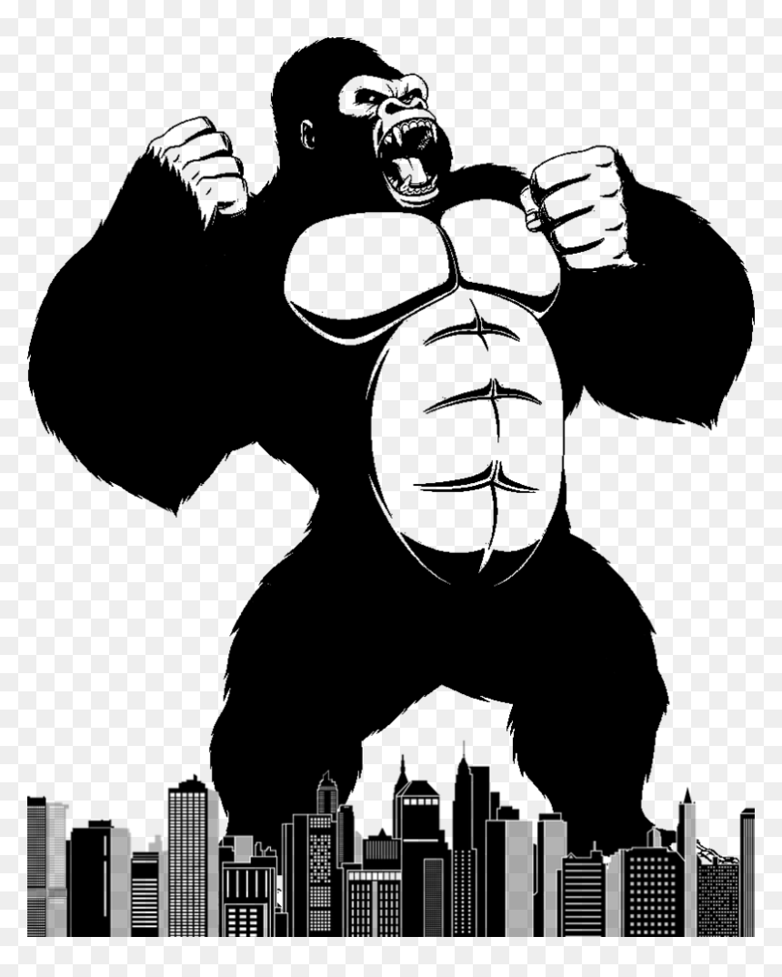 Black-and-white illustration of a roaring giant gorilla towering over a city skyline with clenched fists raised.