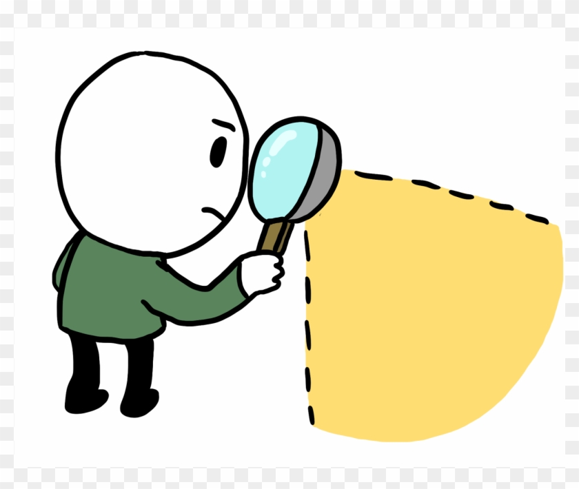 A cartoon figure in a green shirt examines a yellow shape with a magnifying glass, symbolizing investigation or analysis.