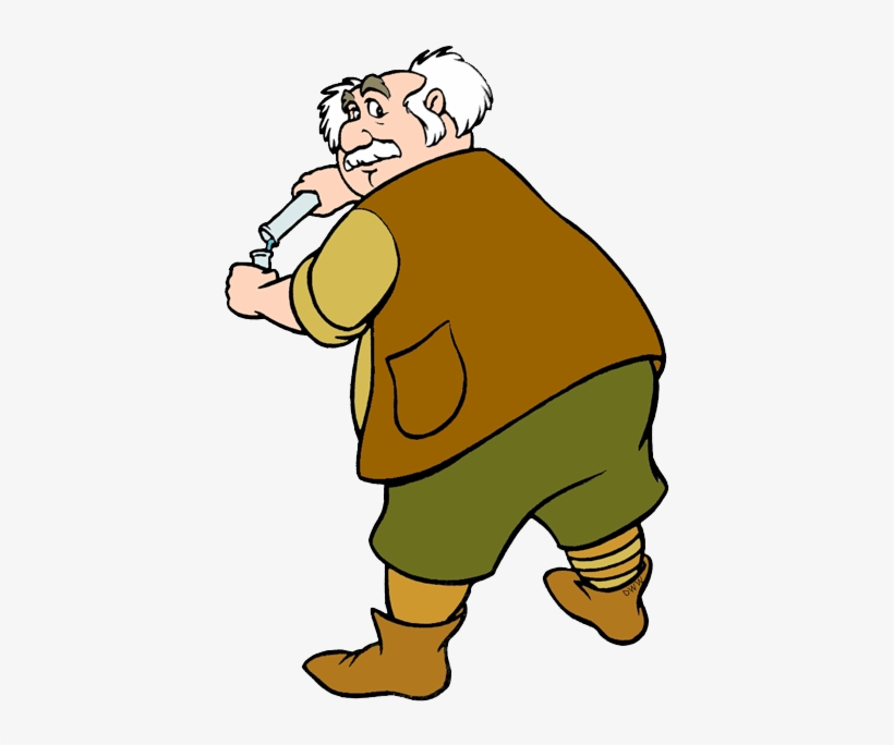 An elderly cartoon man with white hair and mustache, wearing a brown vest and green shorts, sipping from a flask while walking.