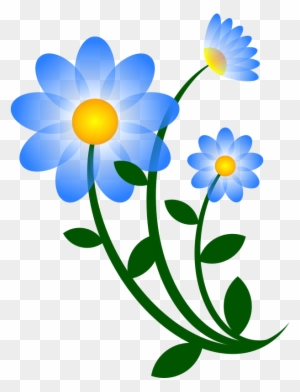 Blue daisy flowers with yellow centers and green stems on transparent background