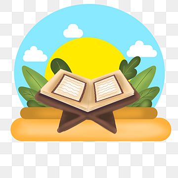 Open Quran on wooden stand with sun, clouds, and green leaves in background.