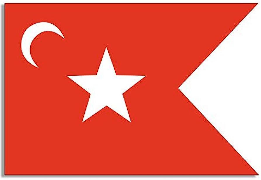 Red flag with white crescent, five-pointed star, and white triangular fly-historical Ottoman naval ensign.