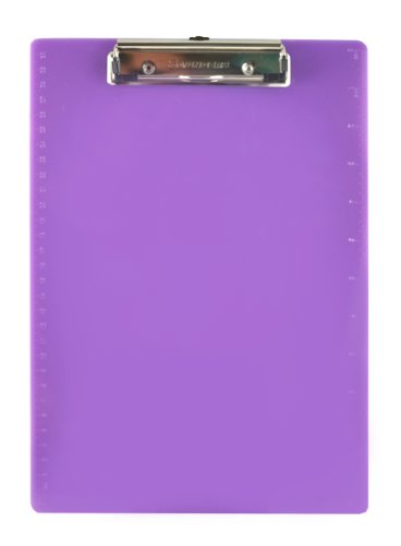 Purple plastic clipboard with silver metal clip and ruler markings on sides.