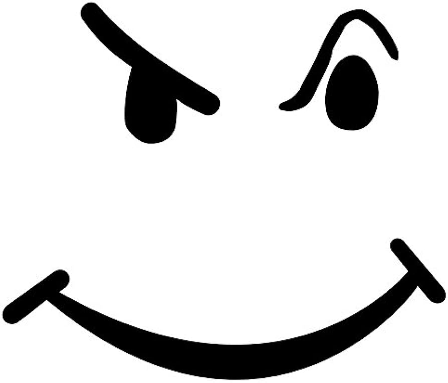 Black-and-white stylized smiley face with one angry eye and one winking eye, plus a wide grin.