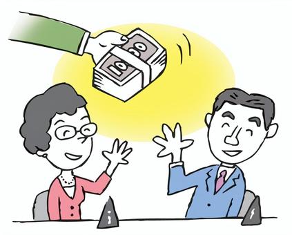A cartoon showing a hand handing cash to two smiling people at a table, symbolizing a financial transaction or payment.