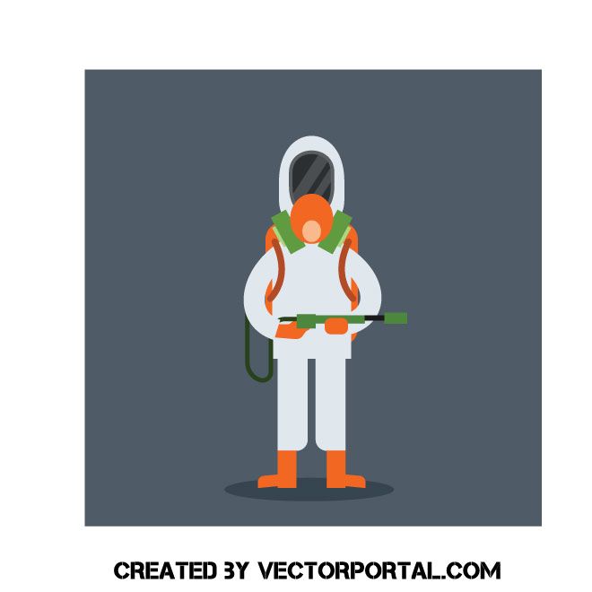 Person in white hazmat suit with orange boots and green respirator, holding a spray wand.