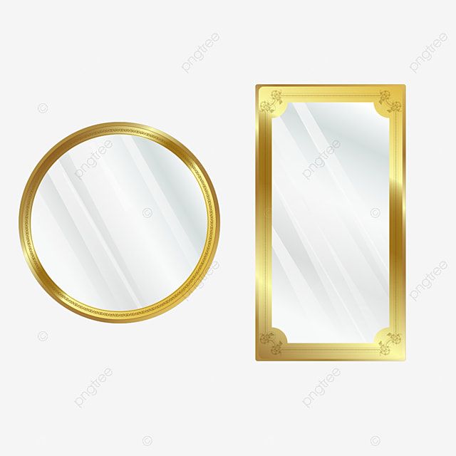 Two elegant gold-framed mirrors - one round, one rectangular - with ornate detailing and reflective glass surfaces.