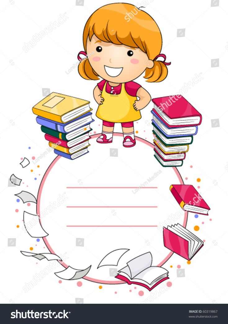 Cheerful cartoon girl with pigtails stands beside stacks of colorful books surrounding a blank circular frame.