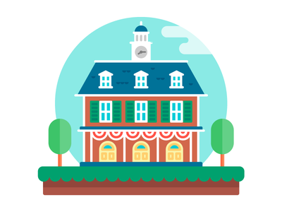 Illustrated colonial-style town hall with clock tower, red brick facade, green shutters, and decorative bunting under a teal sky.