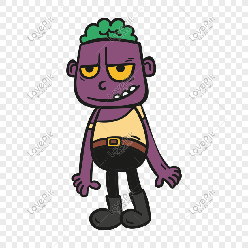 Cartoon purple zombie with green brain, yellow eyes, and a mischievous grin wearing a yellow tank top and black boots.