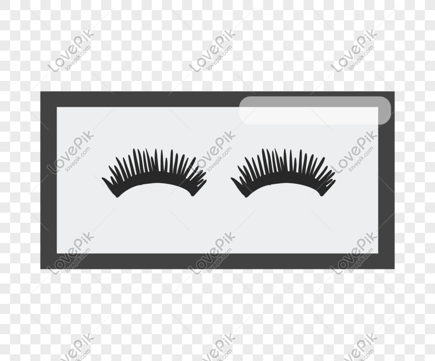 Black false eyelashes in a rectangular transparent packaging box on checkered background.