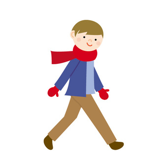 Smiling boy walking in winter clothes: blue coat, red scarf, gloves, and brown pants.