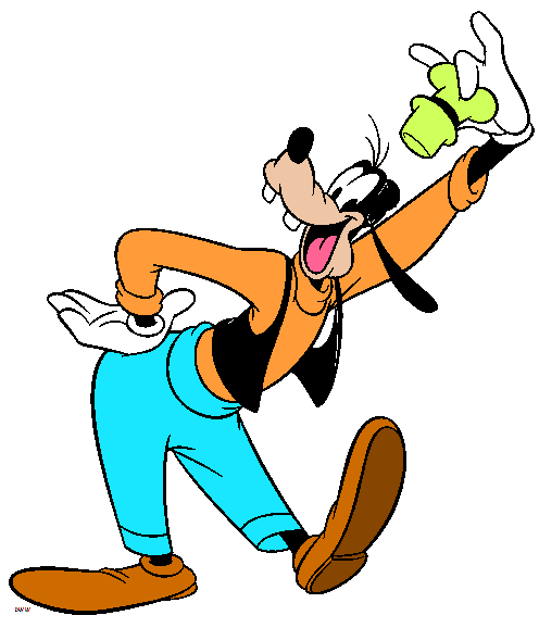 Goofy in an energetic pose, wearing orange shirt, blue pants, and brown shoes, tossing a green cup with a joyful expression.